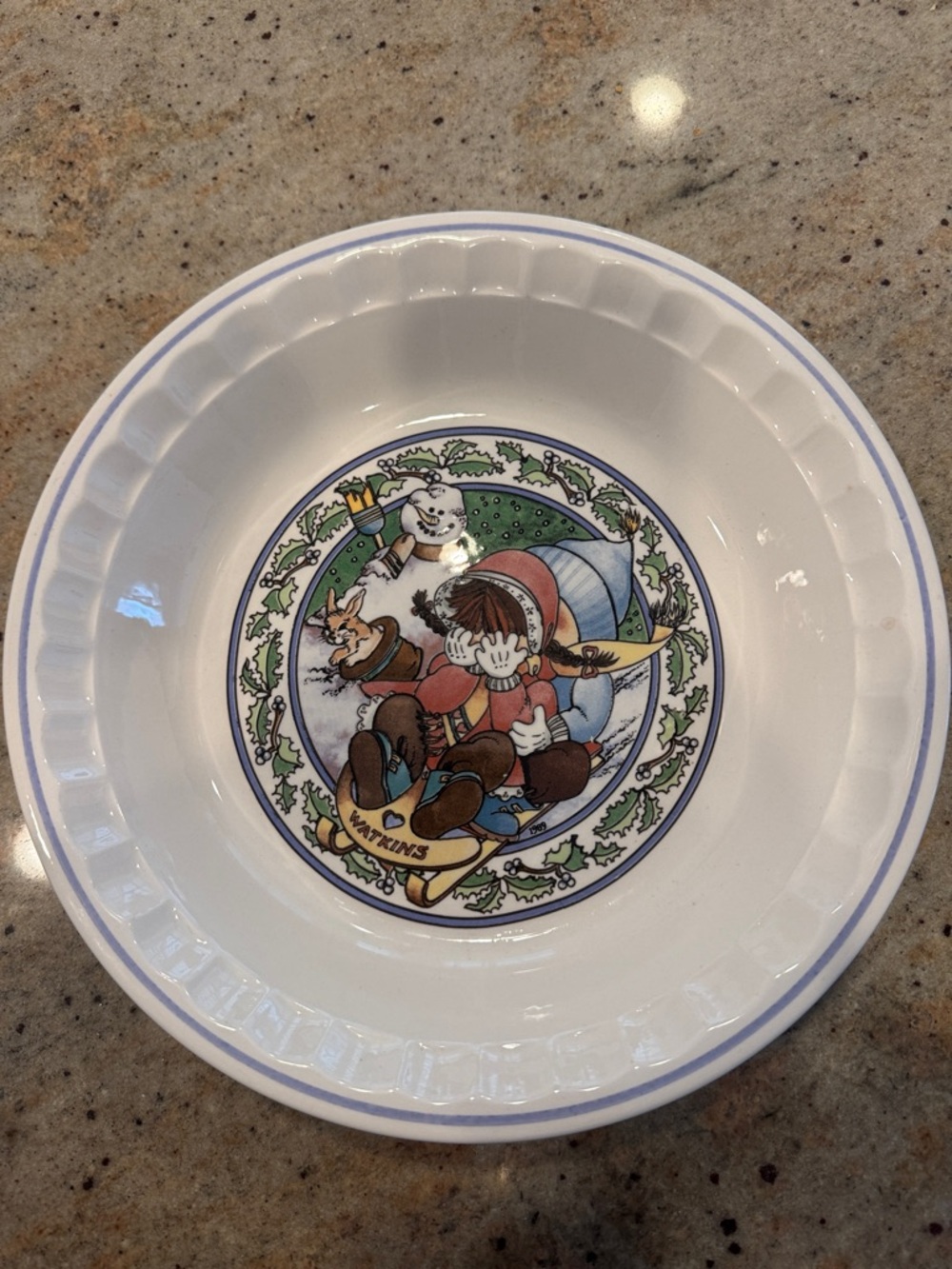 Watkins Ceramic Pie plate Holiday Character Winter Sled Ceramic Bowl - White